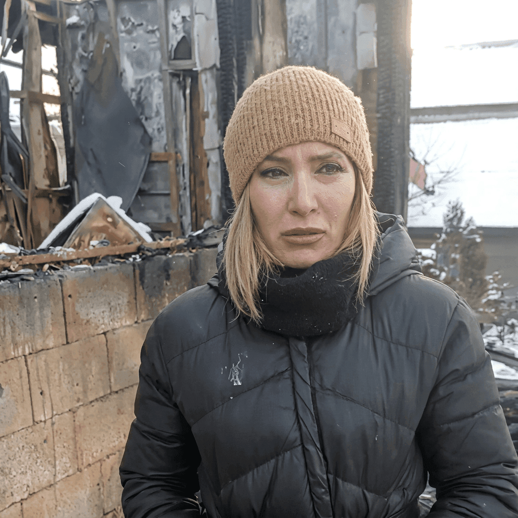 Анна на фоне сгоревшего дома